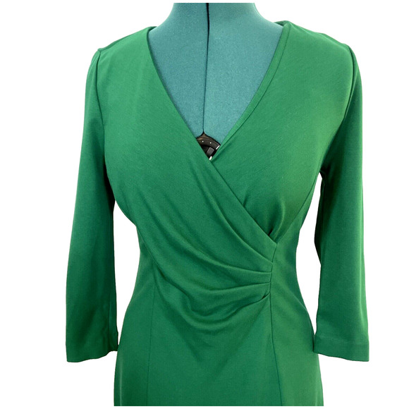 Talbots Green Long Sleeve Faux Wrap Ponte Dress Side Ruched Womens Size 4 - Picture 2 of 9